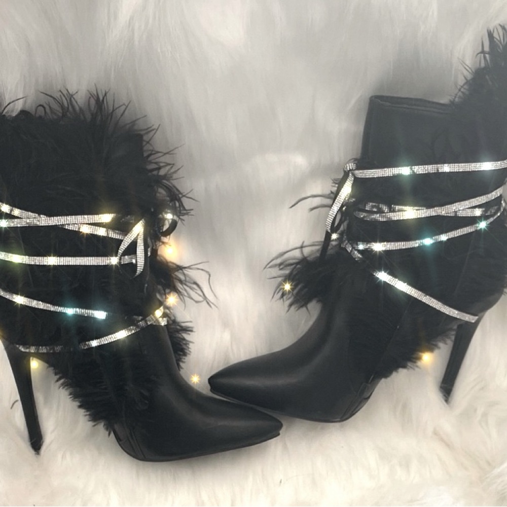 AZALEA WANG-NWOT BLACK BOOTIES W/FEATHERS AND RHINESTONES!